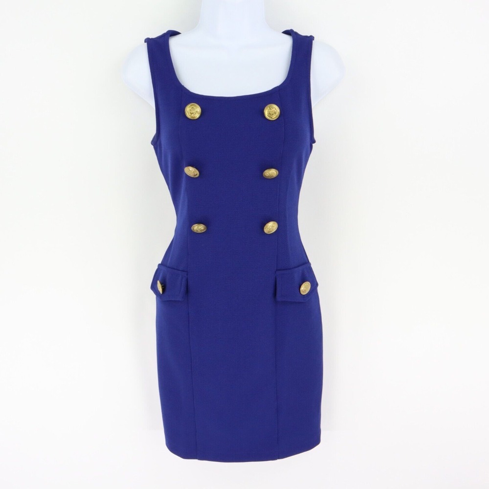 Forever 21 Pencil Dress Womens S Blue Polyester Buttons Square Neck Sleeveless